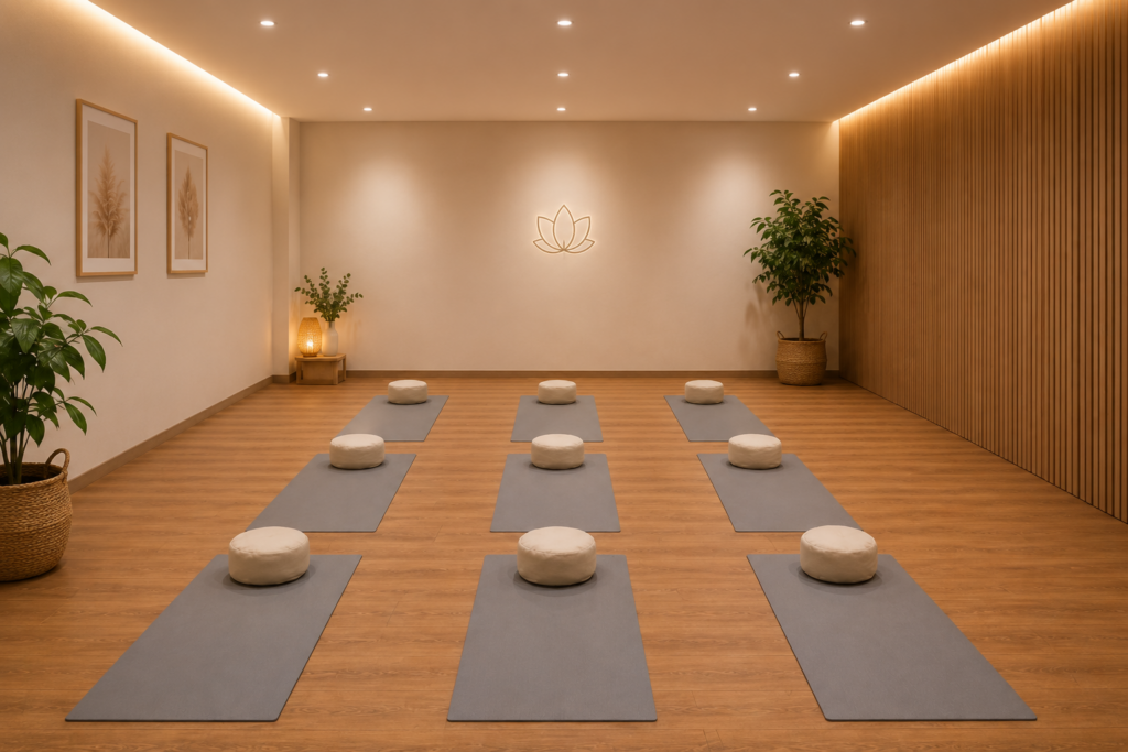 Heller und ruhiger Kursraum für physiotherapeutisch begleitete Rückbildung mit Yogamatten und Sitzkissen