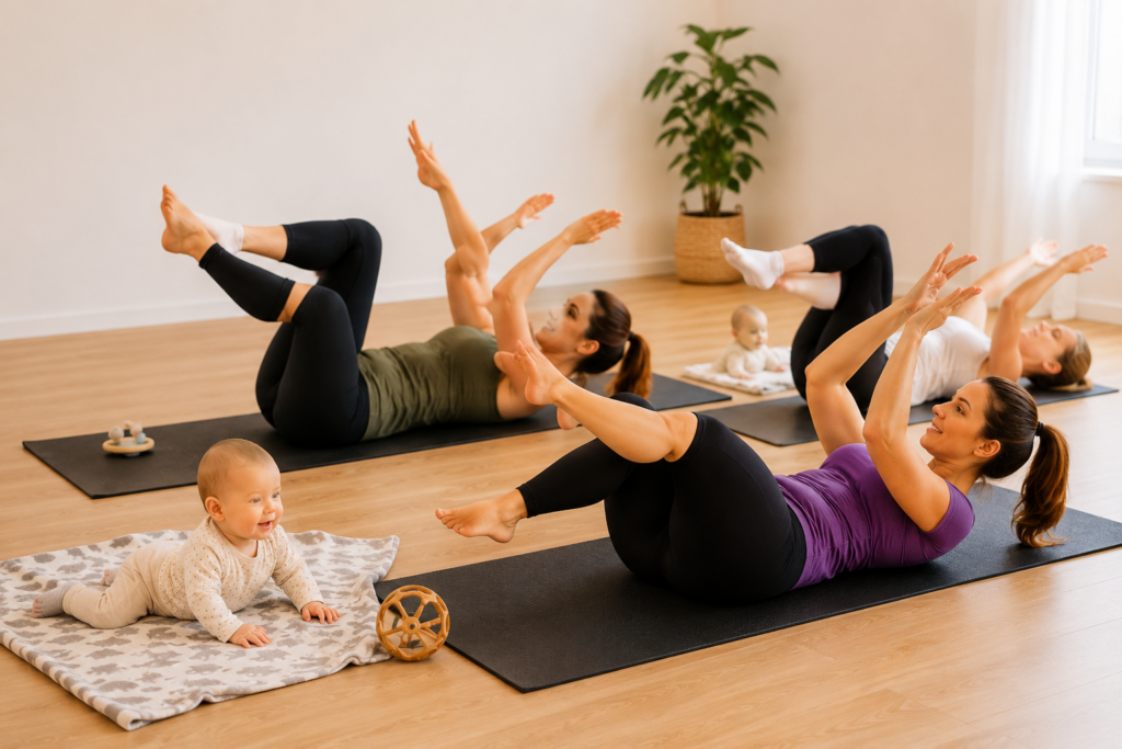 Mamas trainieren gemeinsam im Mamafitness-Aufbaukurs