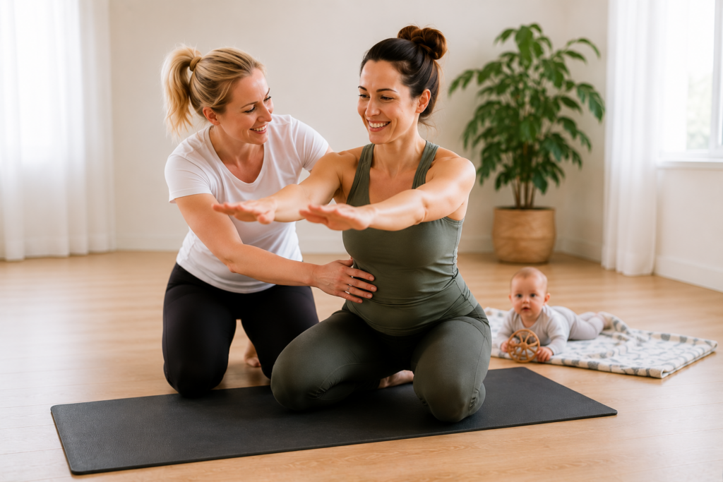 Physiotherapeutin begleitet eine Mama beim Aufbaukurs nach der Rückbildung